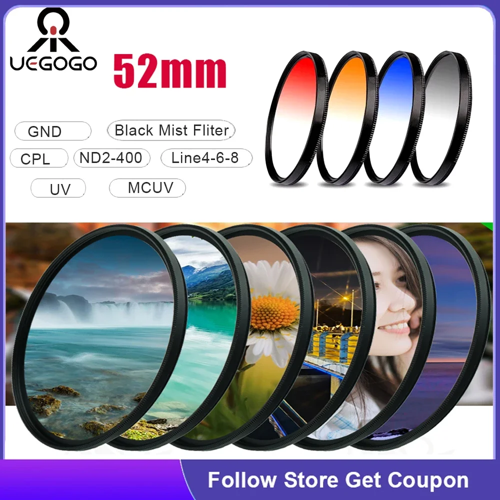 UEGOGO 52mm Filter Gradient GND Red GrEy CPL/UV/MCUV ND2-400/Soft Focus Black Mist Diffusion Star Line 4 6 8 Camera Lens Filter