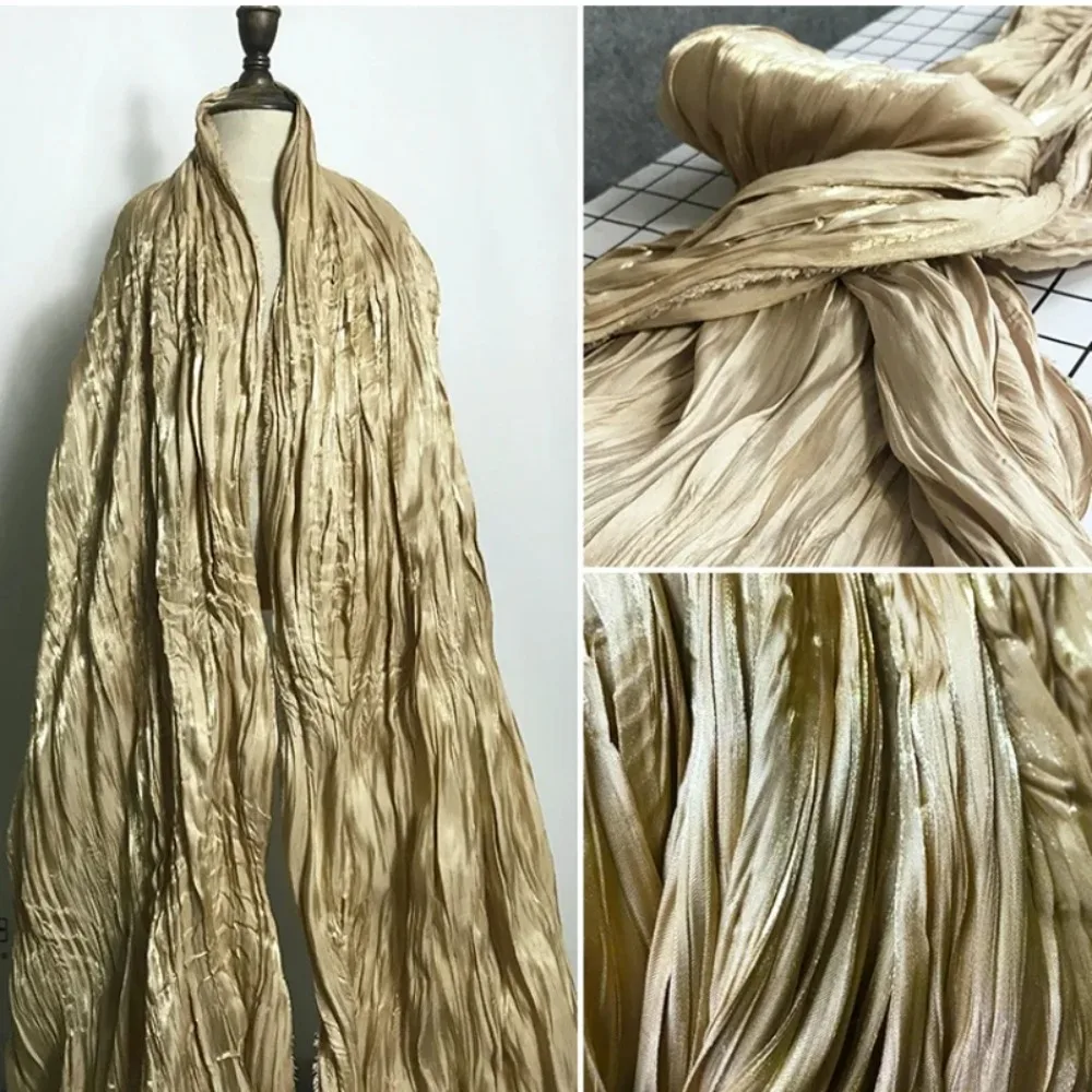 

Light Yellow Double Twisted Pleated Imitation Fabric with Reflective Soft Graduation Designer Sewing Material Cloth Dress
