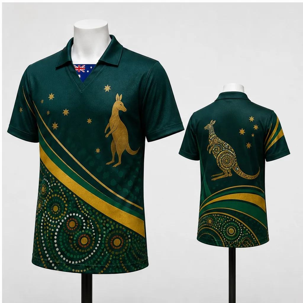 Mens Australia Kangaroo Star Stripe Semi Polo V Neck T Shirt Short Sleeve Casual Streetwear Top in Modern Green Gold Style Trend