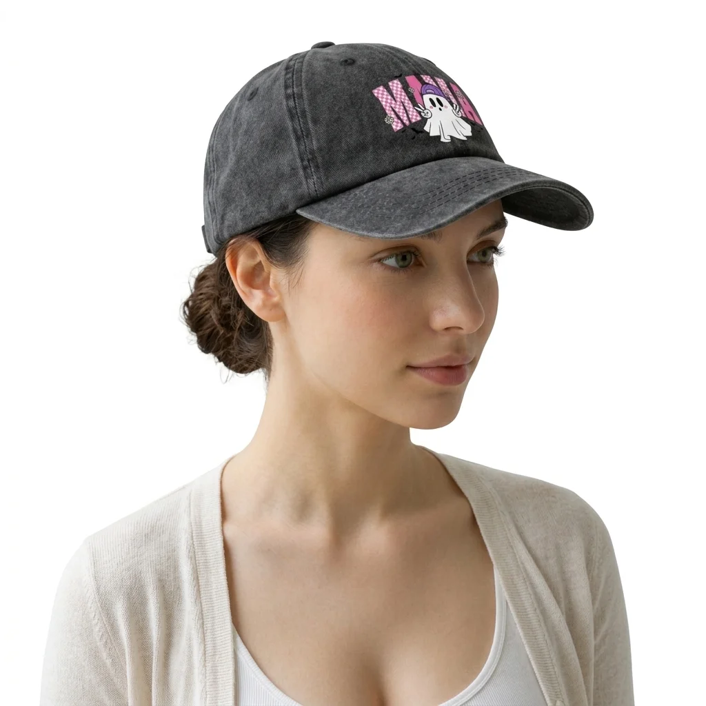 Vintage Washed Mama Ghost Graphic Baseball Cap, Adjustable Unisex Dad Hat with Metal Buckle, Cute Halloween Gift for Moms