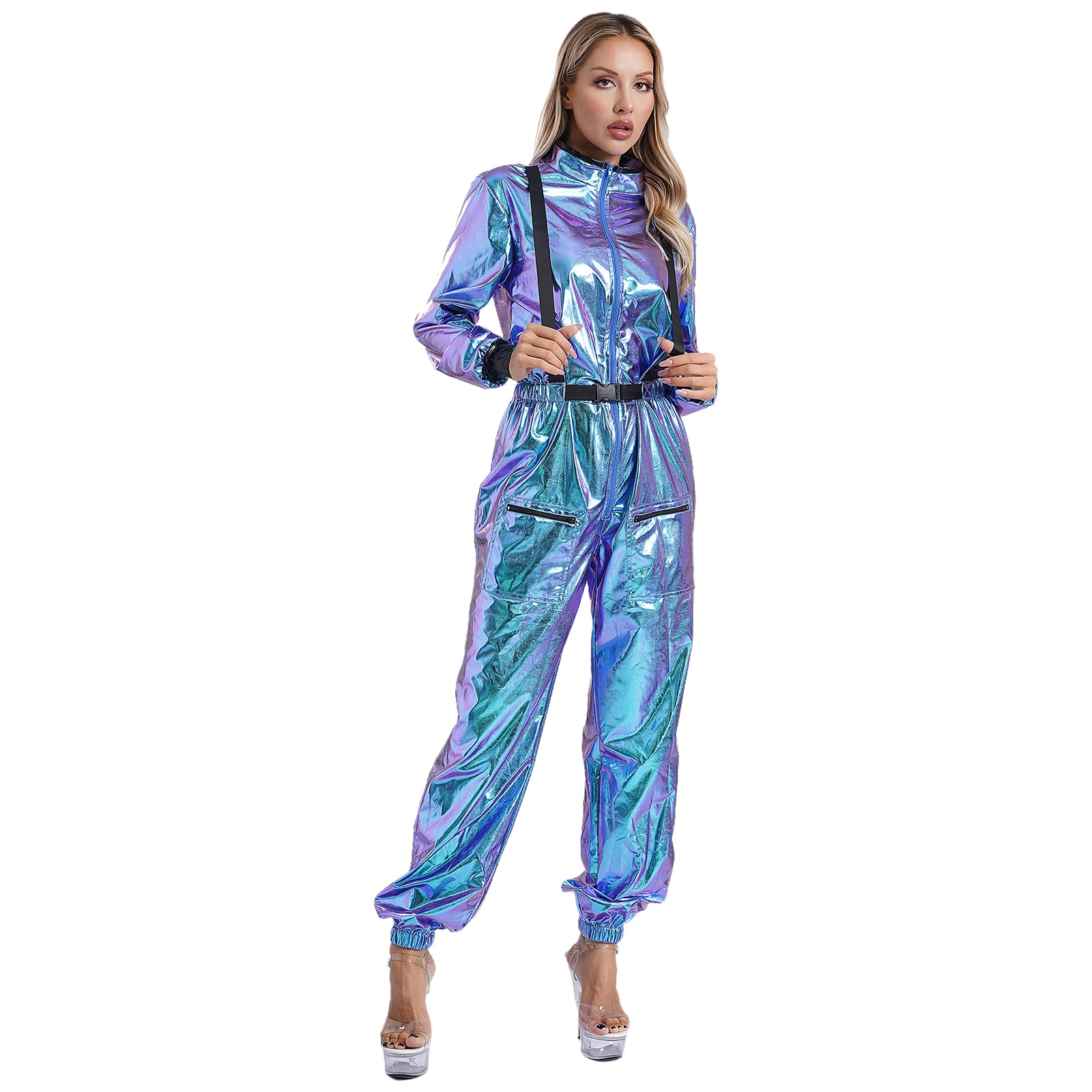 Mono Alien Space Unitards para mujer, disfraz de astronauta para carnaval y Halloween, mono de manga larga con cuello simulado brillante metálico y cremallera