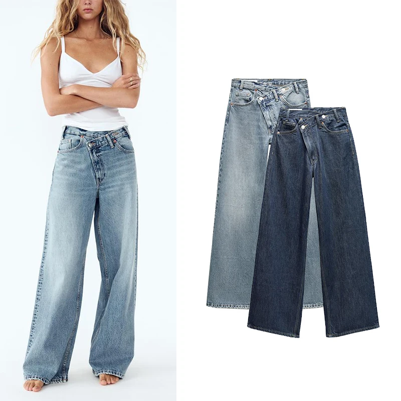 

Широкие двубортные джинсы с высокой талией для женщин, осенние новые универсальные длинные брюки по индивидуальному заказу