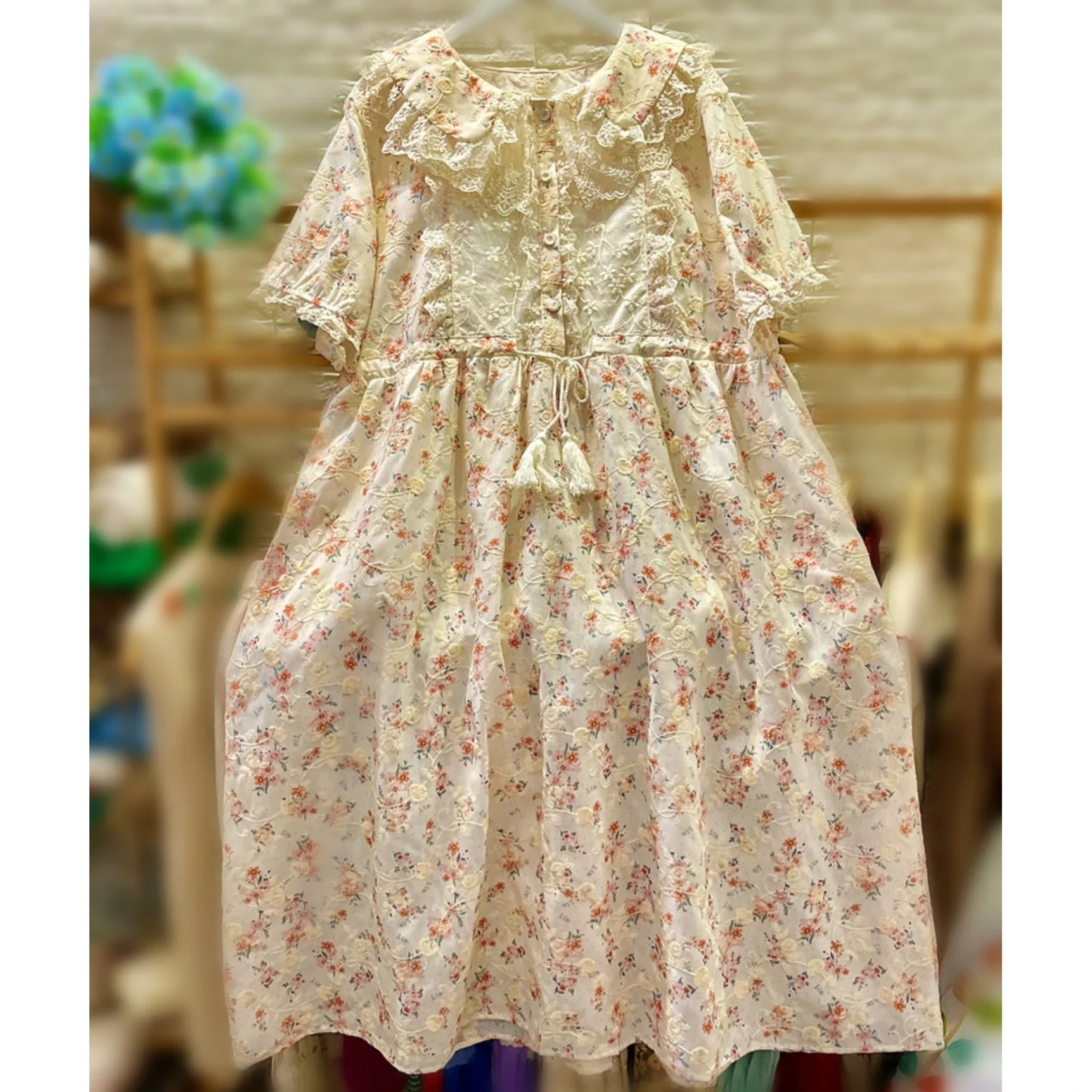 

Sweet Cotton Ruffled Lace Floral Embroidery Tunic Midi Dress for Women Summer Rococo Victorian Cottagecore Evening Long Dress