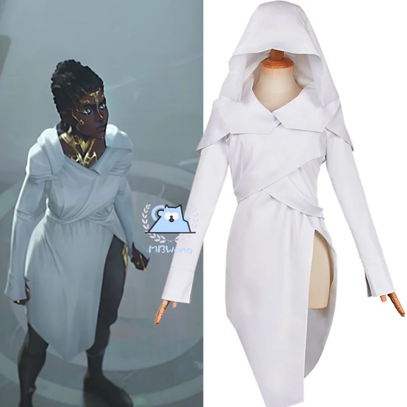 Anime LOL Arcane 2 Mel Cosplay Costume Mel Medarda White Slit Dress With Hood Jayce Role Play For Hallowmas Carnival Prop