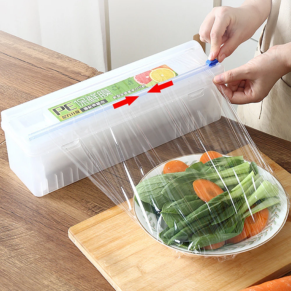 Household Reusable Food Plastic Wrap Box Dispenser With Sliding Knife Cutter Adjustable Cling Film Cutter Kitchen Tools Supplies