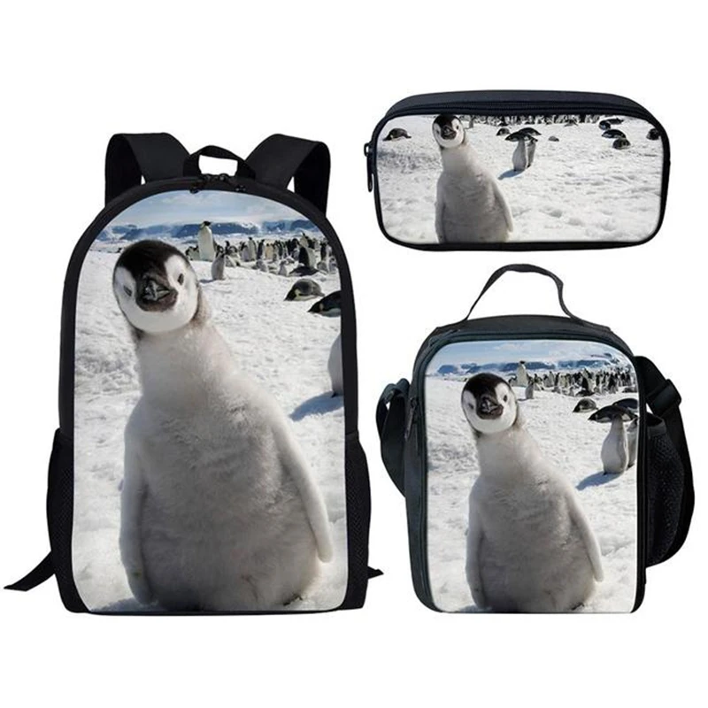 Trendy Popular Peculiar New Cute Penguin 3D Print 3pcs/Set Student School Bags Laptop Daypack Backpack Lunch bag Pencil Case