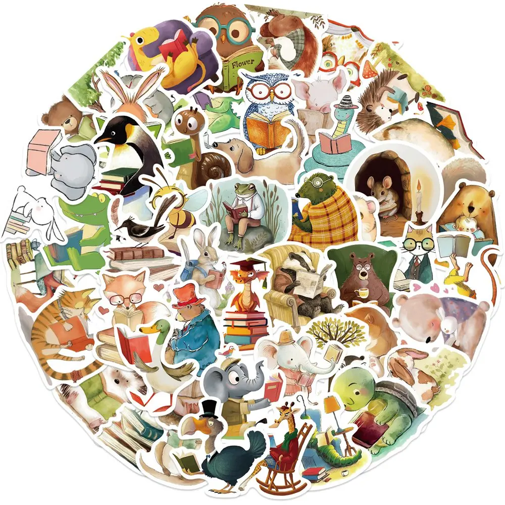 50 Uds pegatinas de lectura de animales pegatinas de dibujos animados para juguete DIY equipaje portátil guitarra monopatín funda de teléfono bicicleta coche pegatina