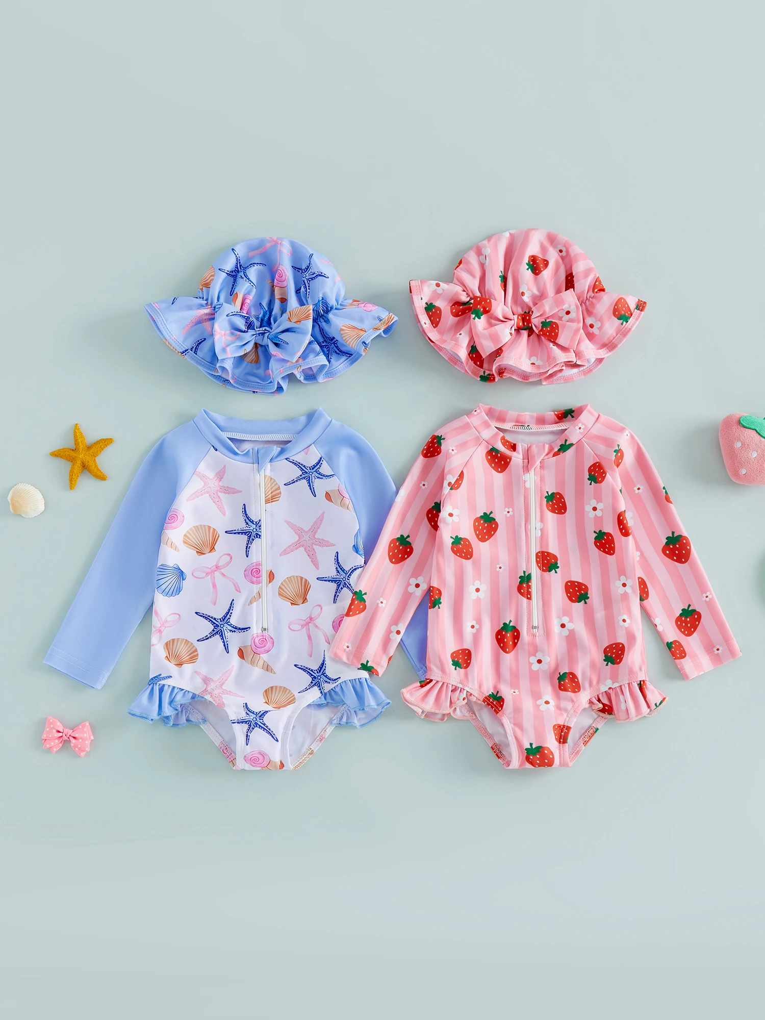 

Baby Girl Swimsuit Watermelon Seashell Print Zipper Long Sleeve Bathing Suit with Sun Hat and Ruffle Trim