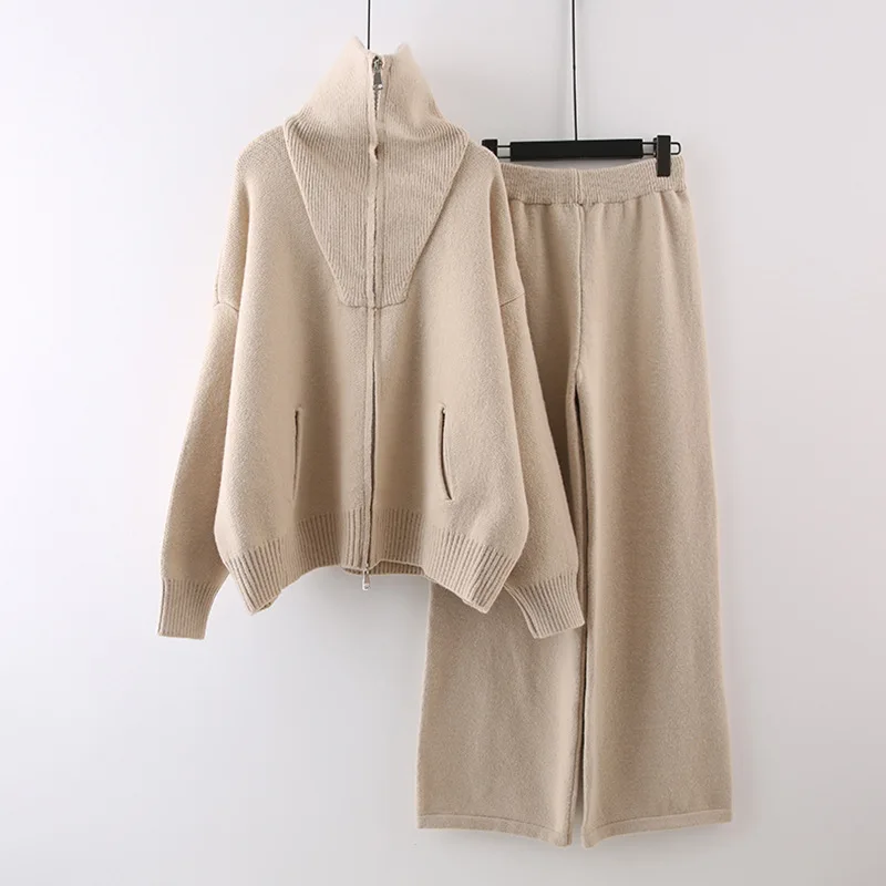 

Women Two Pieces Knitted Pant Sets Solid Sweater Set Zipper Turn Down Collar Cardigan Wide Leg Pant Loose Casual 2025 Autumn