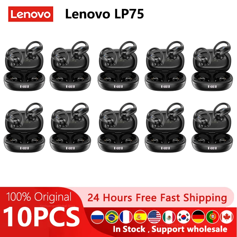 Lenovo-LP75 Wireless Sports Bluetooth Headphones, Earhook Noise Reduction, impermeável Gaming Earphone com microfone, original, 2 pcs, 4 pcs, 6 pcs, 8pcs