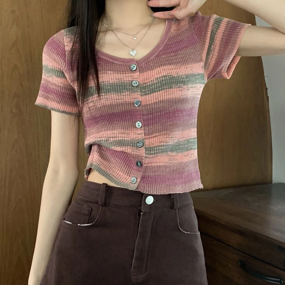 เสื้อยืดแฟชั่นลายทางสีฟ้าหลากสีสันทุกฤดูกาลขนาดเฉลี่ย ผ้าไมโครยืดหยุ่นสไตล์ใหม่ที่สะดวกสบาย