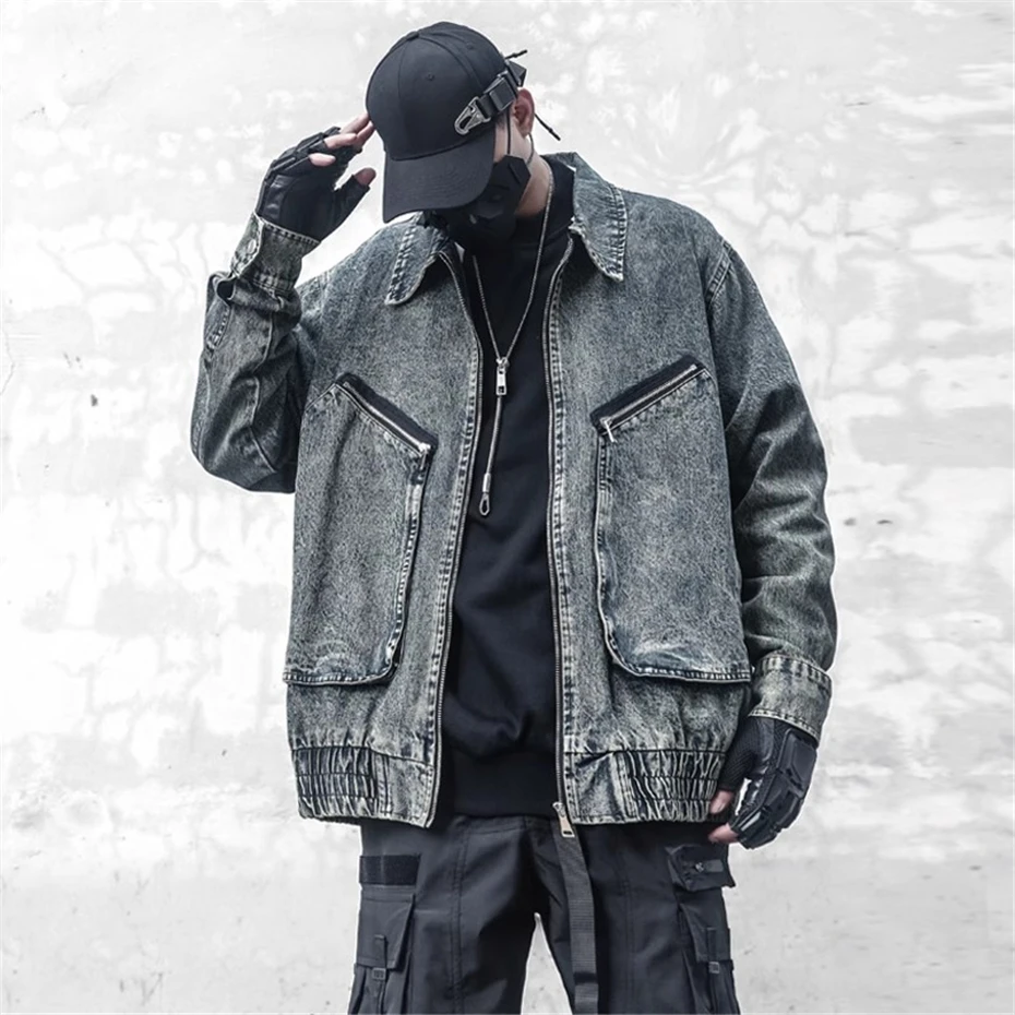 Tactical Mens Denim Jackets Streetwear Hip Hop Punk Y2K Cargo Coats Men Oversized Harajuku Vintage Big Pockets Jeans Jacket Male