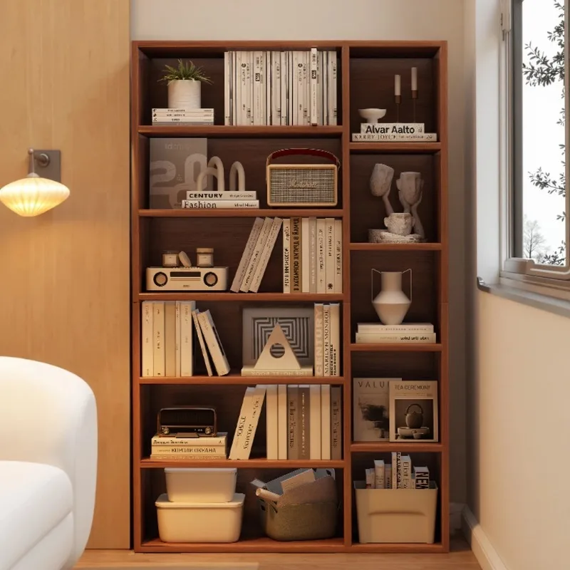 رف كتب متعدد الشبكات، رف من الأرض إلى السقف، غرفة المعيشة، المنزل، رف تخزين متعدد الطبقات على الحائط بالكامل