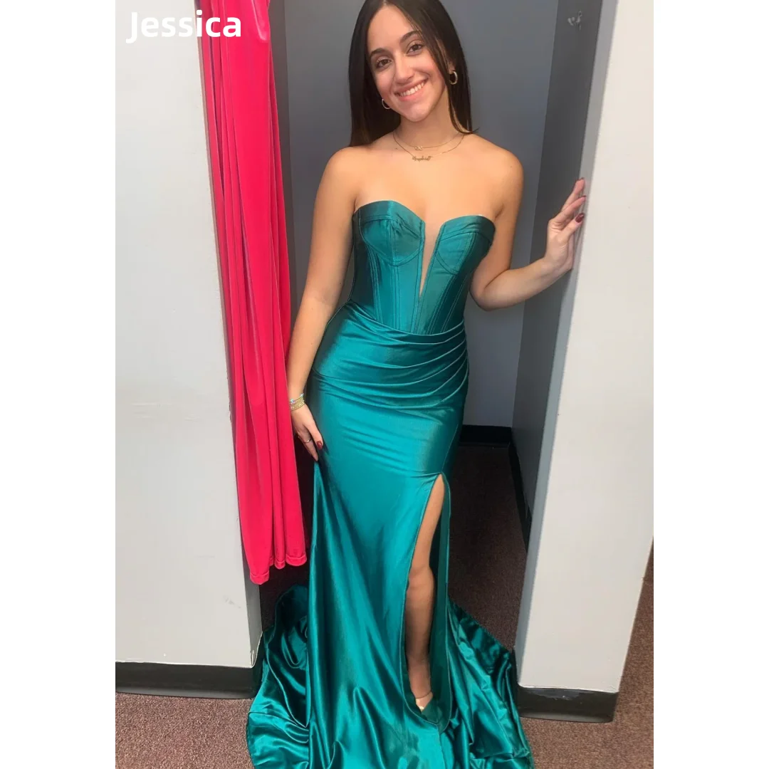 Jessica Elegant Green Wedding Dress Off-shoulder Side Slit Mermaid Prom Dresses Fairy Cocktail Dresses Vestidos De Fiesta