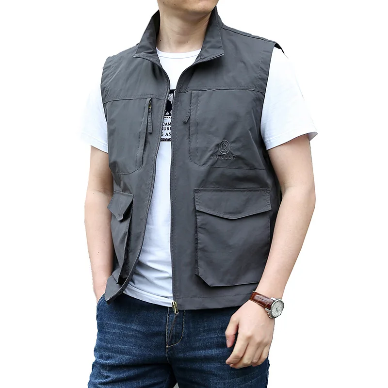 MaiDangDi Flip Collar Nylon Men\'s Vest Sleeveless Camisole Work Style Mens Jacket Sports Leisure Large Pocket Male Clothing