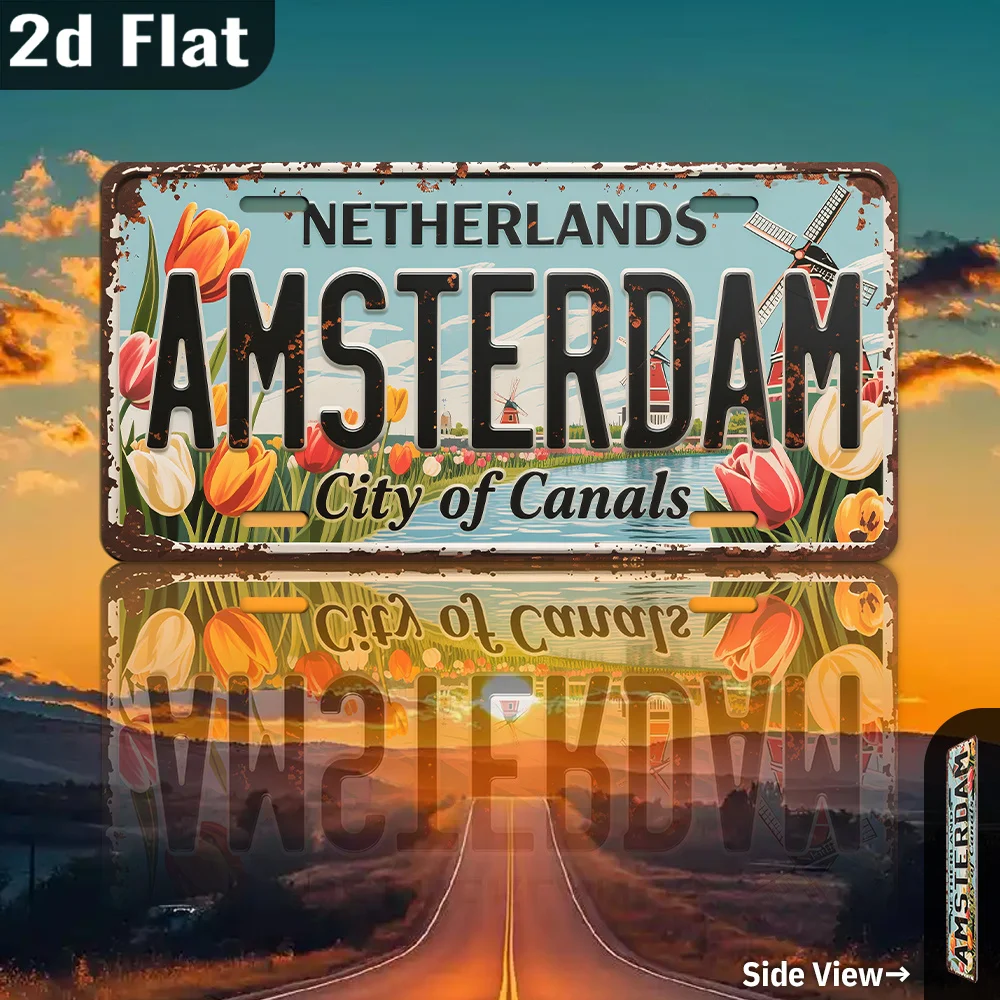 2D Flat, 1pc Amsterdam Netherlands License Plate Wall Art - Dutch Windmill & Tulips Metal Sign, 12