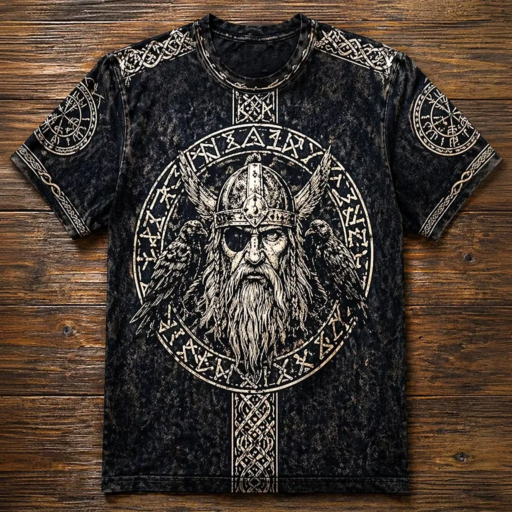 Summer Retro Men's Crew-Neck T-Shirt With Nordic Mythology Symbol Print Short-Sleeve Men's Outdoor Breathable Short-Sleeve Shirt