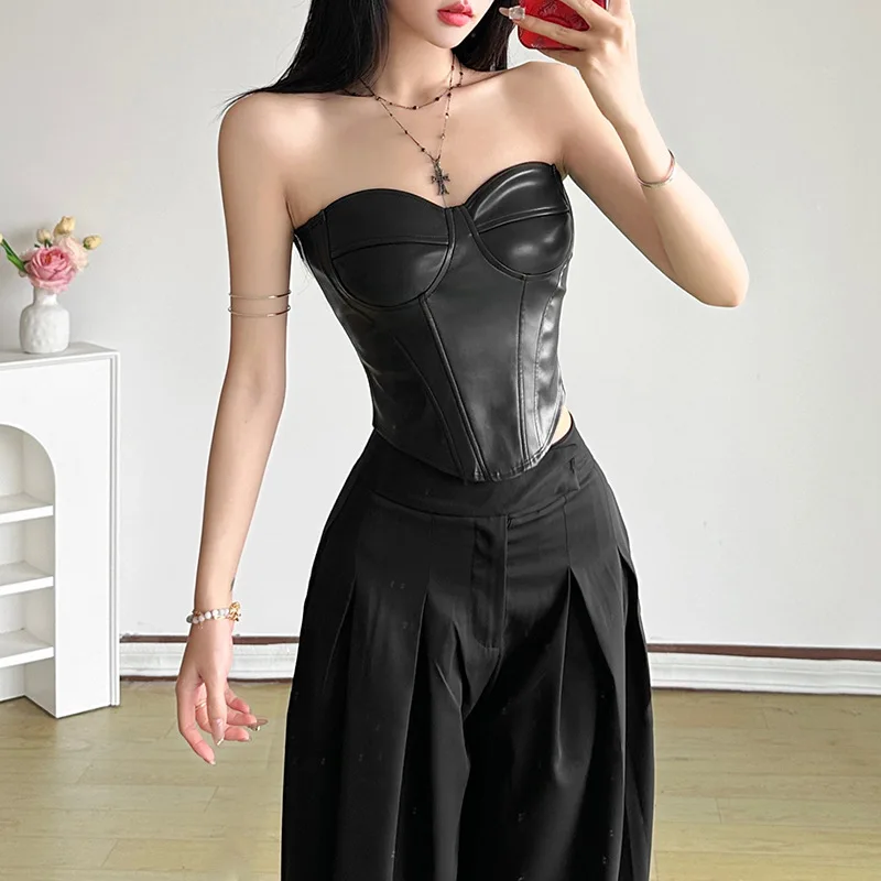 SylCue PU Leather Tank Tops Woman Sexy Chest Wrap Off Shoulder Backless Shape Waist Hot Girls Sexy Fashion Classic Streetwear