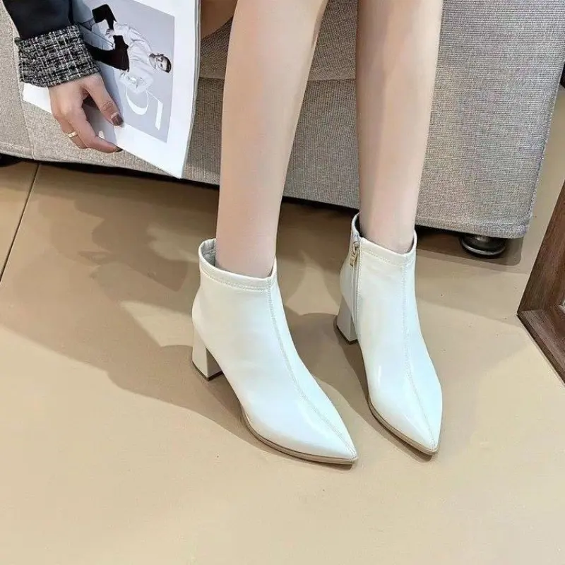 

Classic Women Boots Fashion Thin High Heel Ankle Boots Sexy Pointed Toe Zipper Boots Autumn Winter Ladies Shoes White Boots 2024