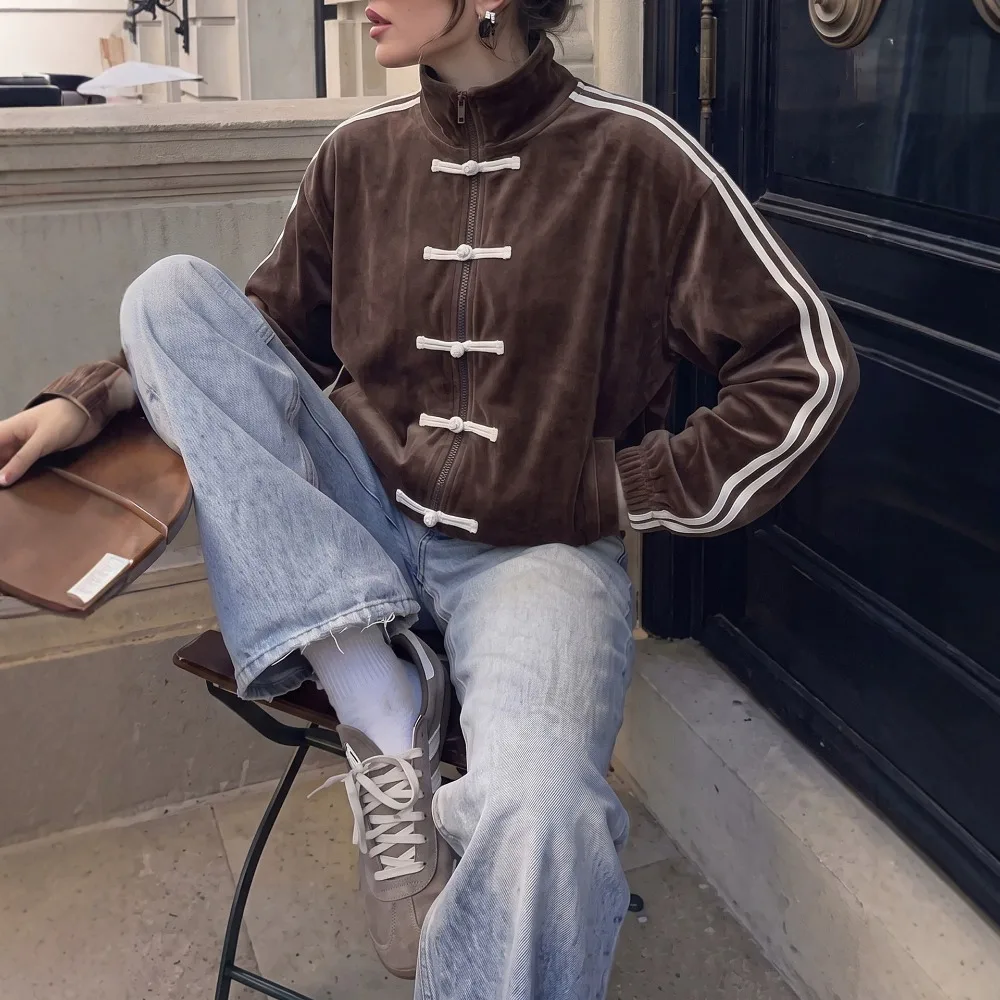 New Chinese Buckle Sports Coat Women's Retro Stand-up Collar Zipper Short Jacket Side Striped Top Women's Clothing Fashion