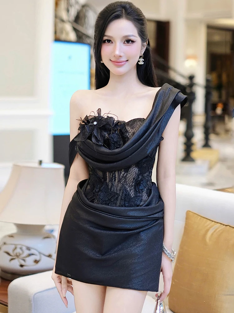 Whatiwear Asymmetric Collar Dress Women 3d Flowers Butterfly Decoration Patchwork Sleeveless Backless Folds Prom Party Bodycon