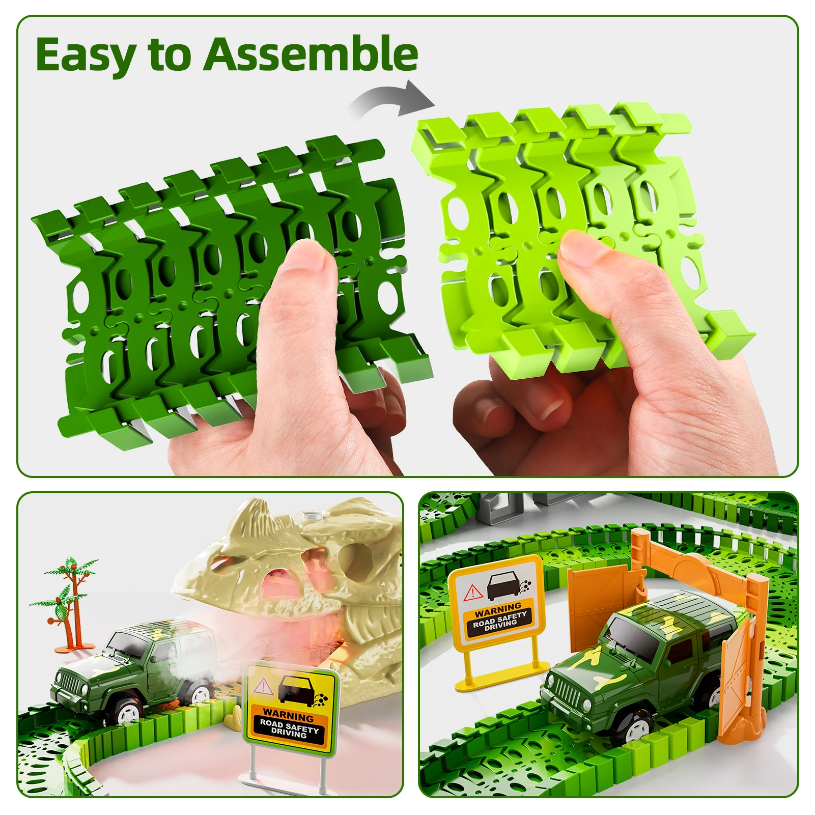 249 PCS Dinosaur Skeleton Rail Car Toys with Sound & Light, Dinosaur Race Car Tracks Diy Engineering for Children as Gifts