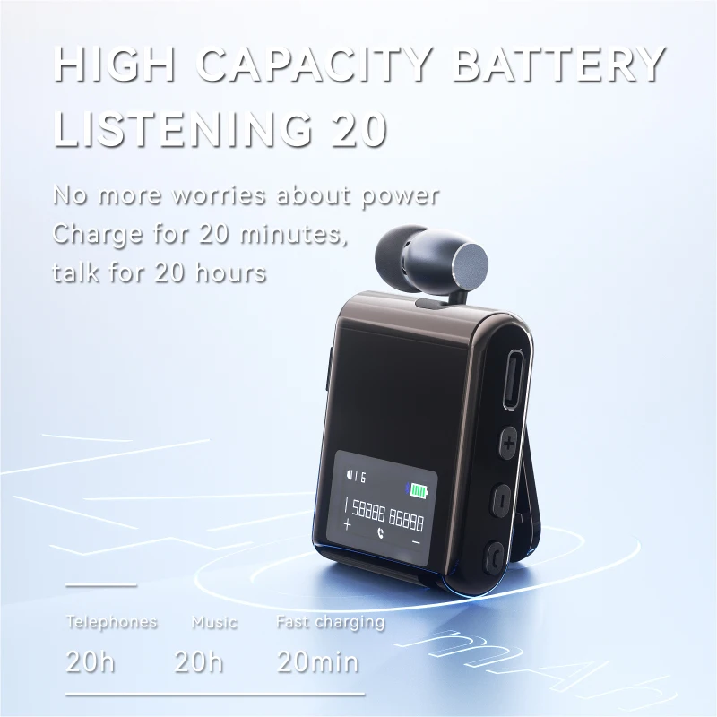 K89 Lavalier Business Bluetooth 5.4 Earphone Talk/Music 20H With Mic Noice Cancelling One-Click Photo LCD HIFI Wireless Headset