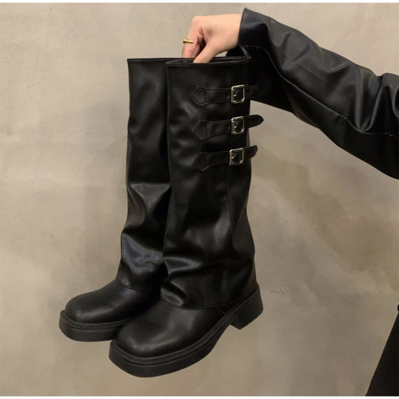 Stiefel mit klobiger Sohle und lockerem Schaft, Vintage-Kniehohe Stiefel mit gestapeltem Absatz für Damen, dicke Plattform, für Herbst und Winter – Detail 7