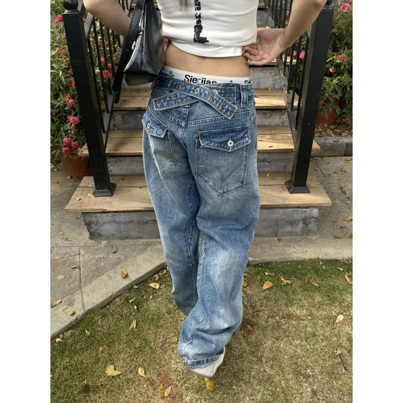 American Retro High Street Loose Straight Wide Leg Jeans Women Buckle Waist Bamboo Texture Distressed Indigo Skin Friendly New