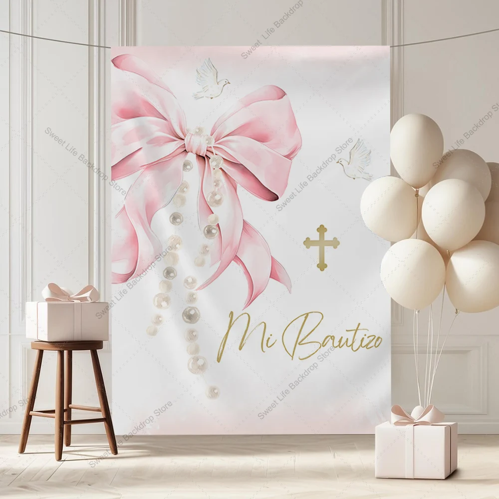Fondo de pared de bautismo con lazo rosa y perlas, decoración Mi Bautizo, Cruz, Paloma, niñas, Baby Shower, bautizo, accesorios de fotografía