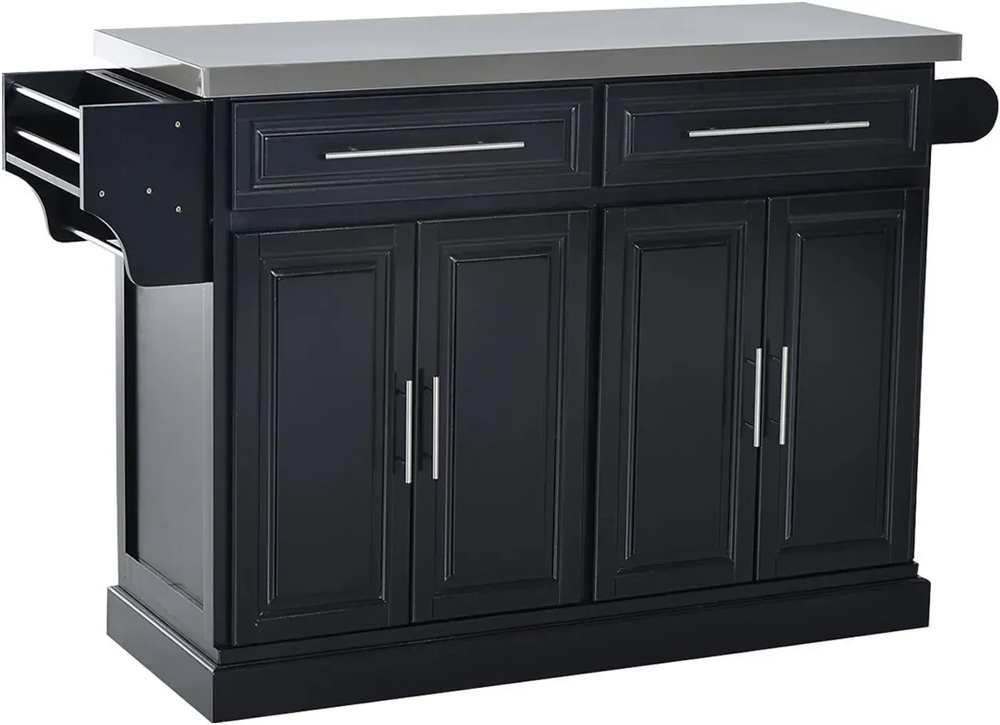 جزيرة مطبخ دوارة مع مساحة تخزين، عربة مطبخ محمولة مع سطح من الفولاذ المقاوم للصدأ، رف توابل ومنشفة، أسود، درجين