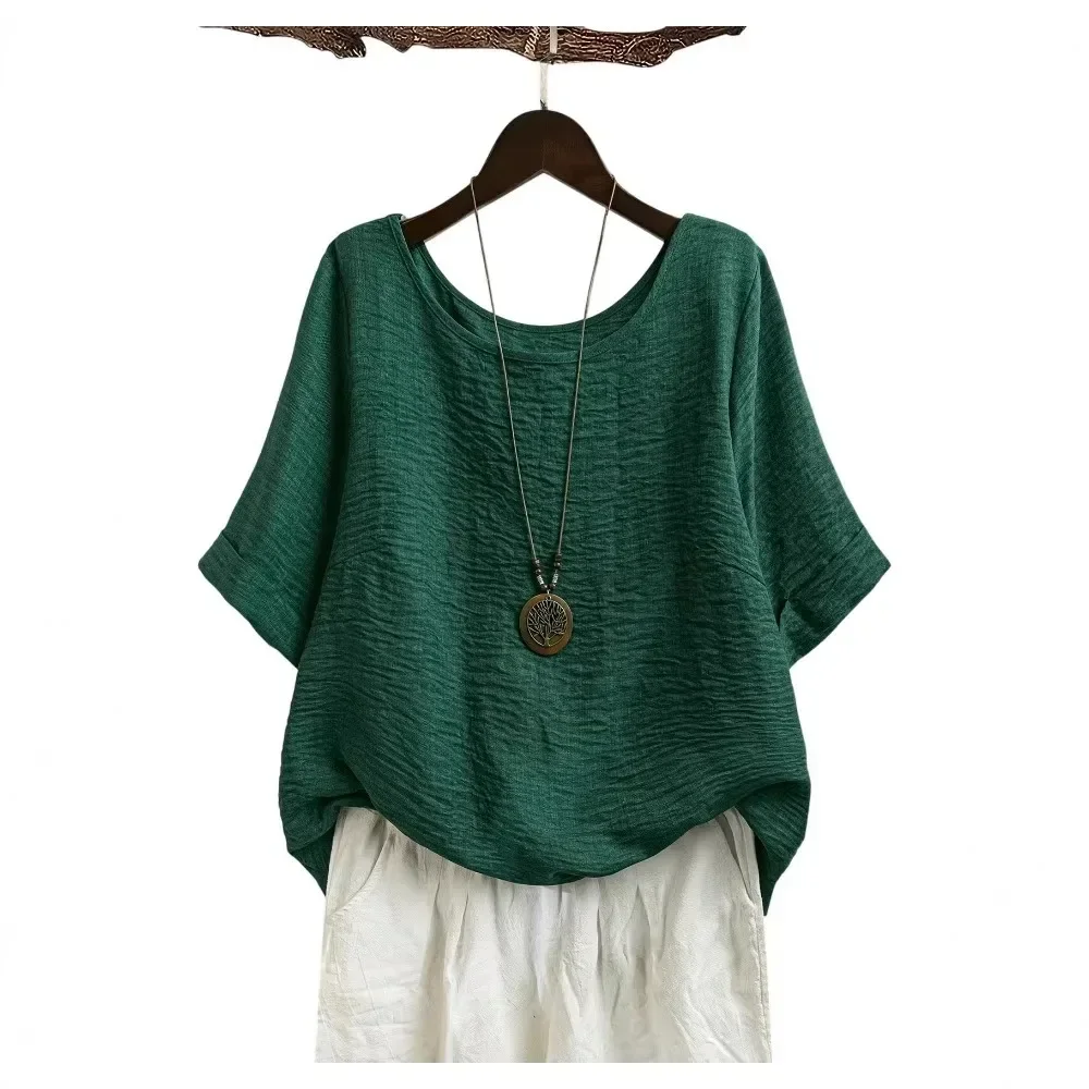 Women Loose Slimming Cotton Linen Wrinkled Texture Round Neck Solid T Shirt Casual Soft Breathable Flattering Comfy Versatile