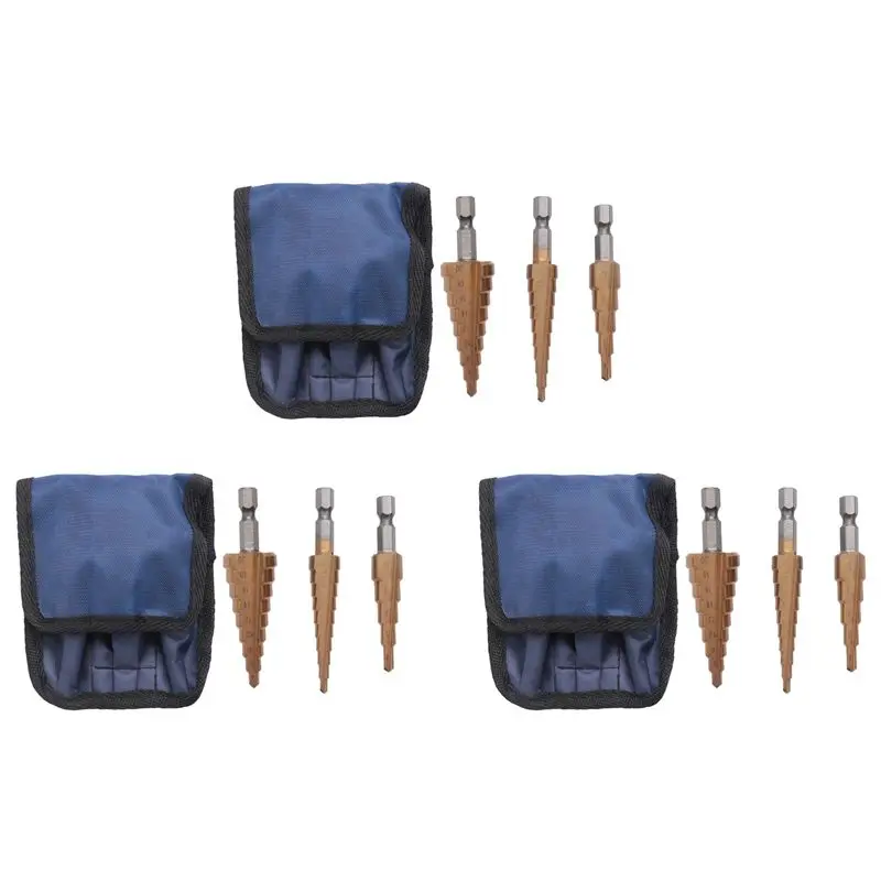 

AT21-9Pc Hss Step Cone Taper Drill Bit Set Metal Hole Cutter Metric 3-12 4-12 4-20Mm 1/4 Inch Titanium Coated Metal Hex Taper