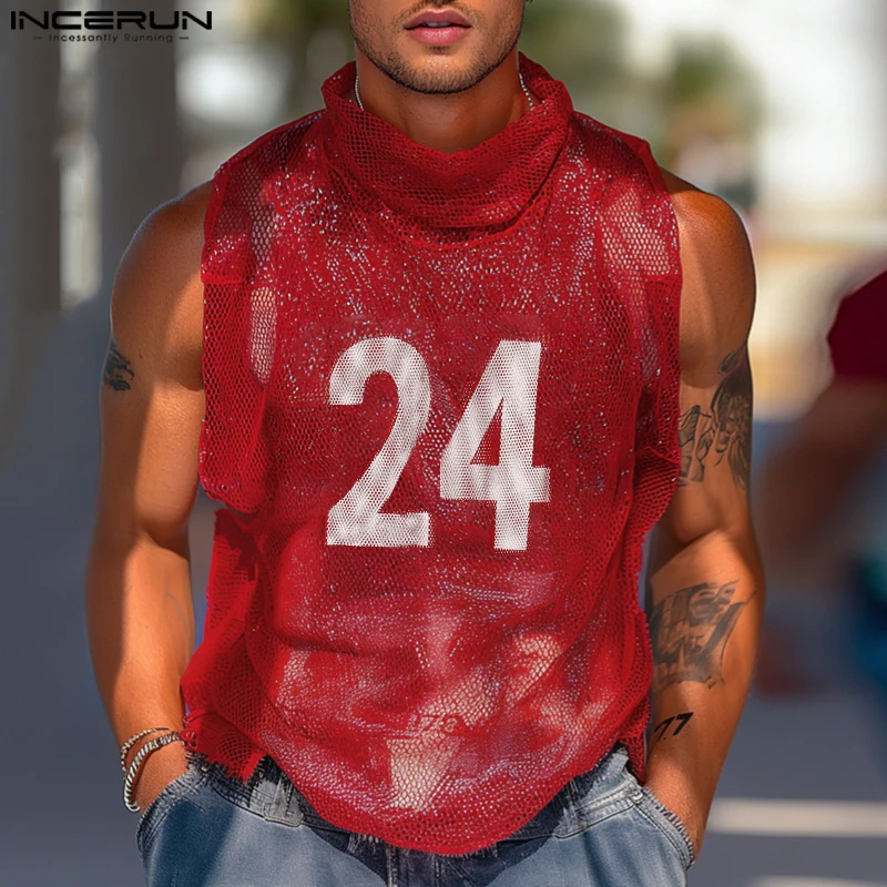 INCERUN Canotte da uomo Stampa a rete Vedere attraverso dolcevita senza maniche Gilet maschili Streetwear Estate 2025 Moda Uomo Abbigliamento