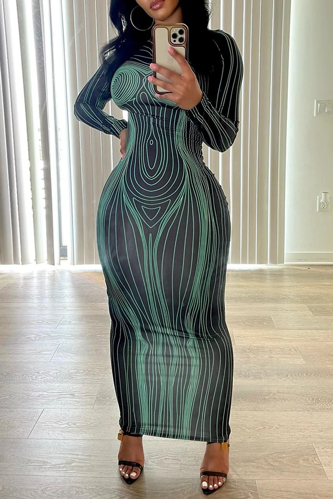 

Women Dresses O Neck Long Sleeve Sheath Slim Fit Dress Vestidos Sexy Wrap Buttocks Print Slight Strech Spring 2024 Basics