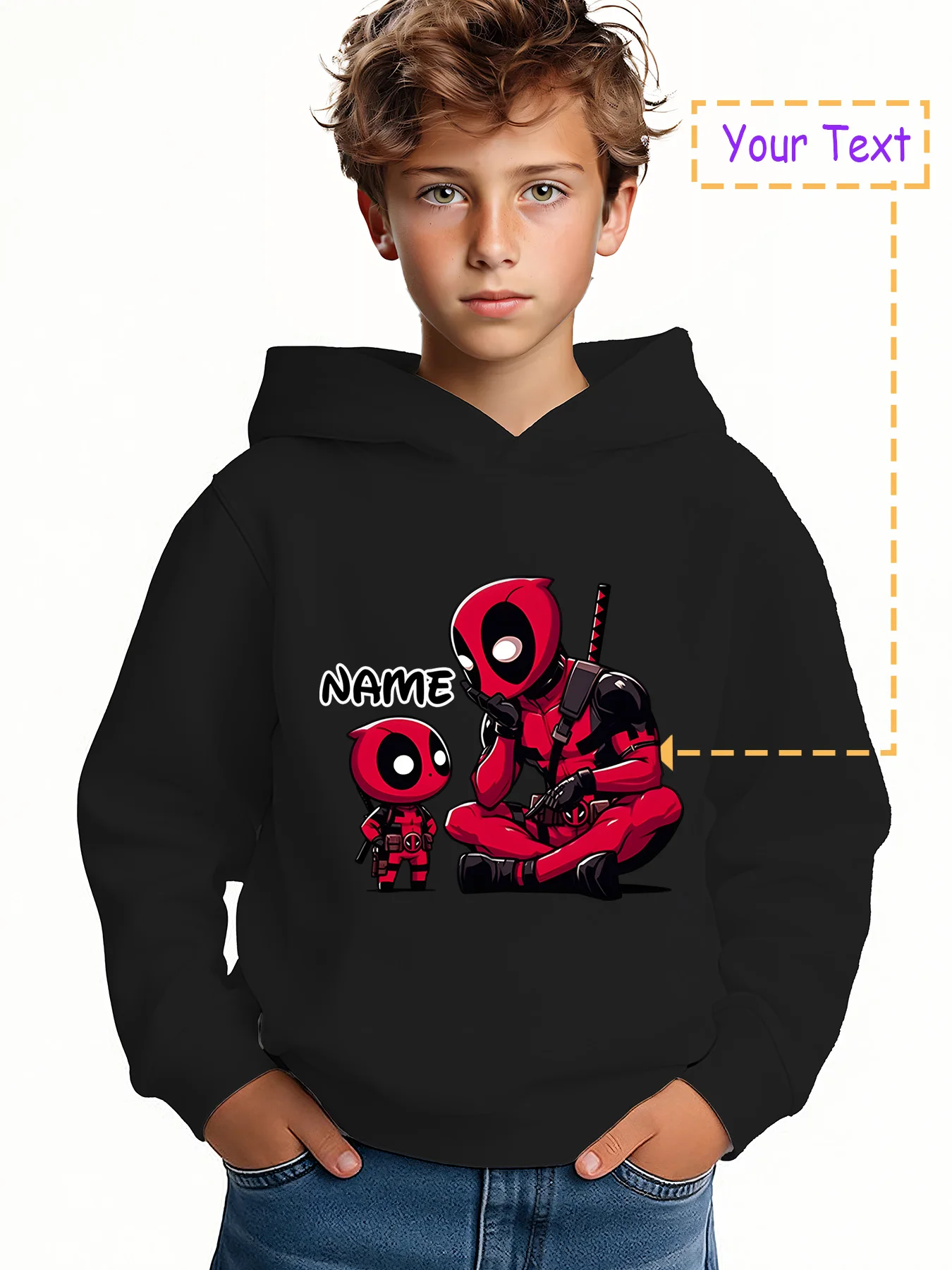 

MINISO Marvel Deadpool Hoodie - Fun interactive prints featuring Deadpool, Big Deadpool, and Little Deadpool. Trendy and quirky