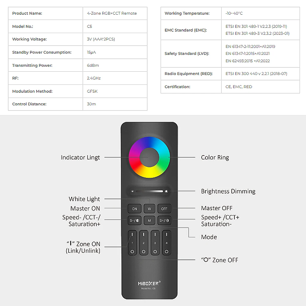 Miboxer C1 C2 C3 C4 C5 C6 Color Temperature RGB+CCT Remote Controller Magnetic 2.4G RF Wireless Brightness Adjustable Lighting