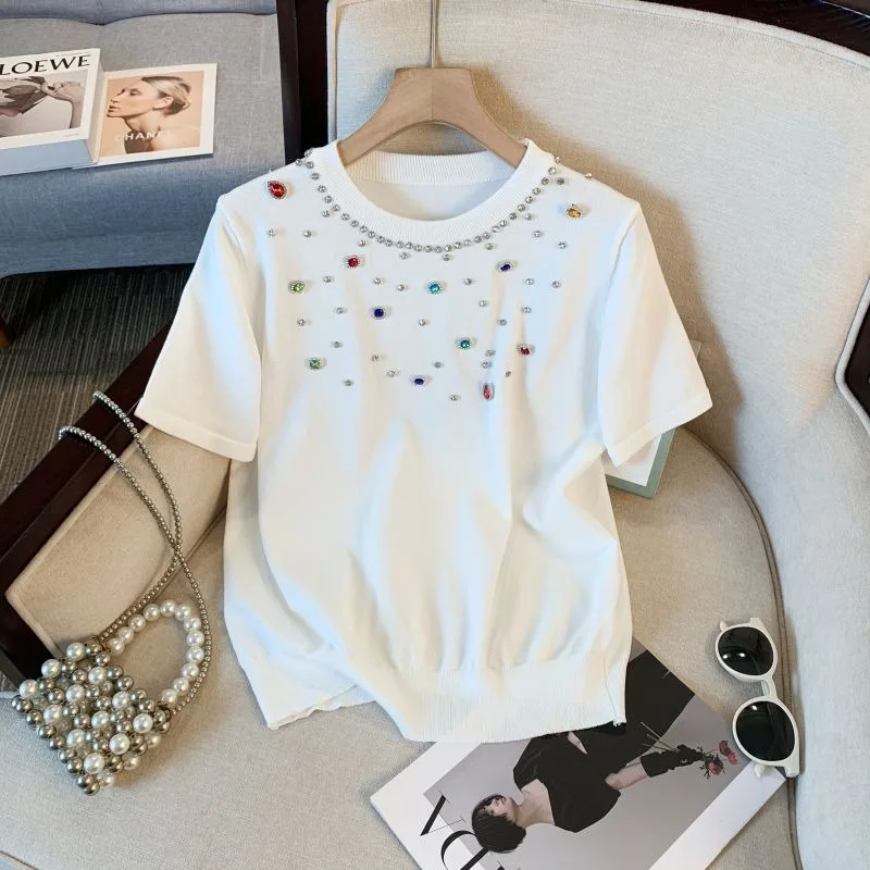 

Women Summer Sweater Chic Pearl Beads Korean Fashion Loose Knit Pullover Black White Solid Femal Casual Top Tee Clothing