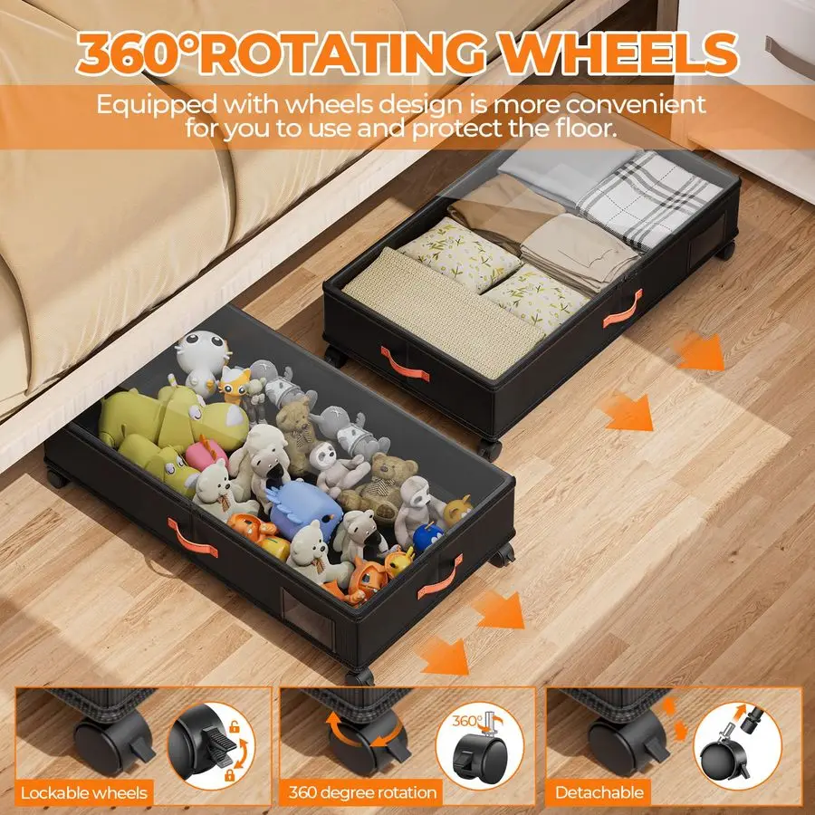 Rangement de lit avec roulettes, paquet de 2 conteneurs de rangement sous le lit avec couvercles transparents, grands bacs organisateurs de rangement sous le lit XXL avec H