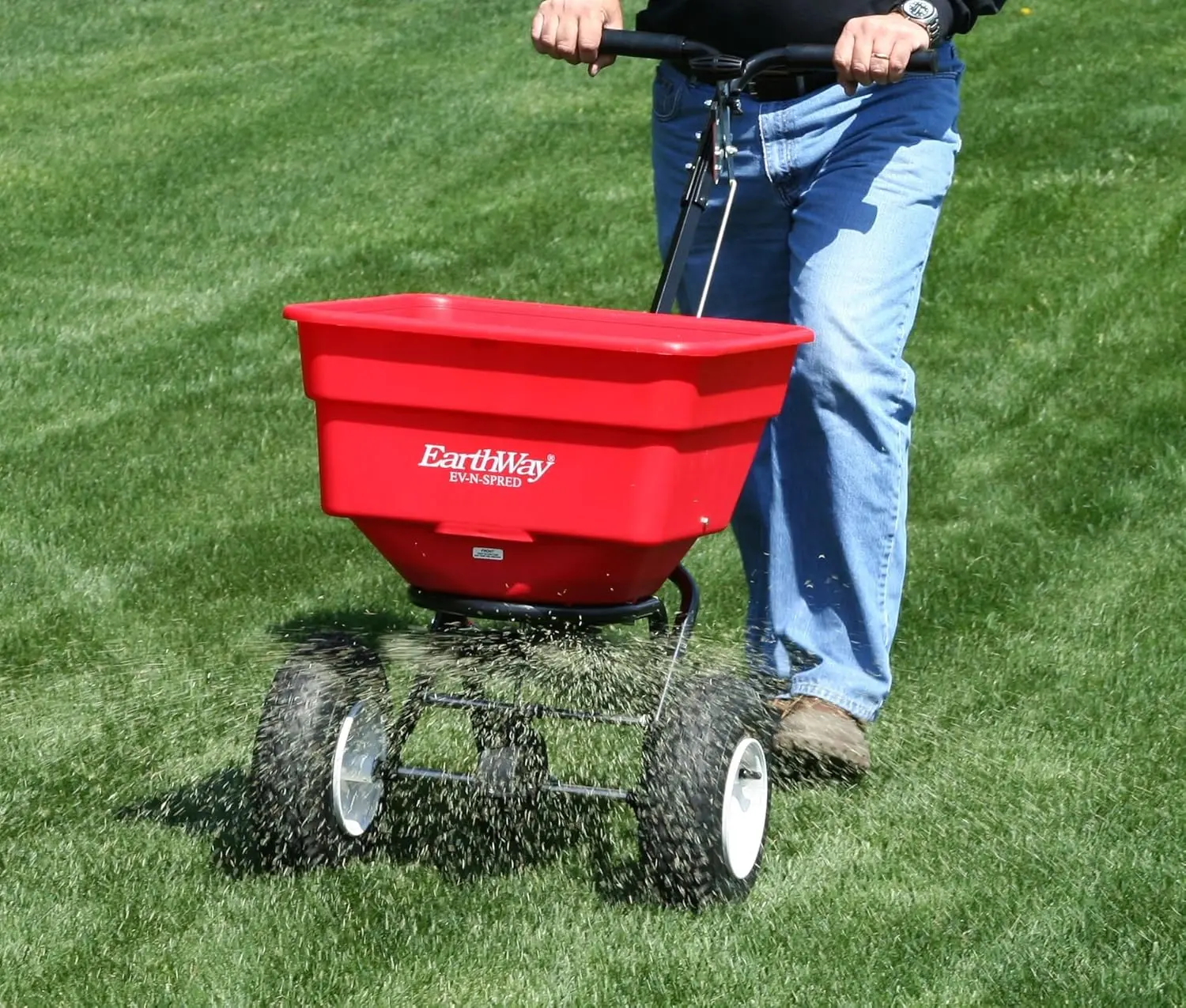 Earthway 2170 Commercial 100 Lb Broadcast Fertilizer Spreader. Red, Heavy-Duty Walk-Behind Push Garden Seeder With Adjustable