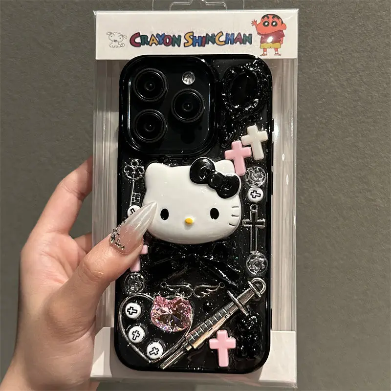 

Hello Kitty Phone Case Sweet Cool Dark Kitty KT Pink Sanrio Phone Case For iPhone 16 15 14 13 Pro Max Anti Fall Transparent Girl