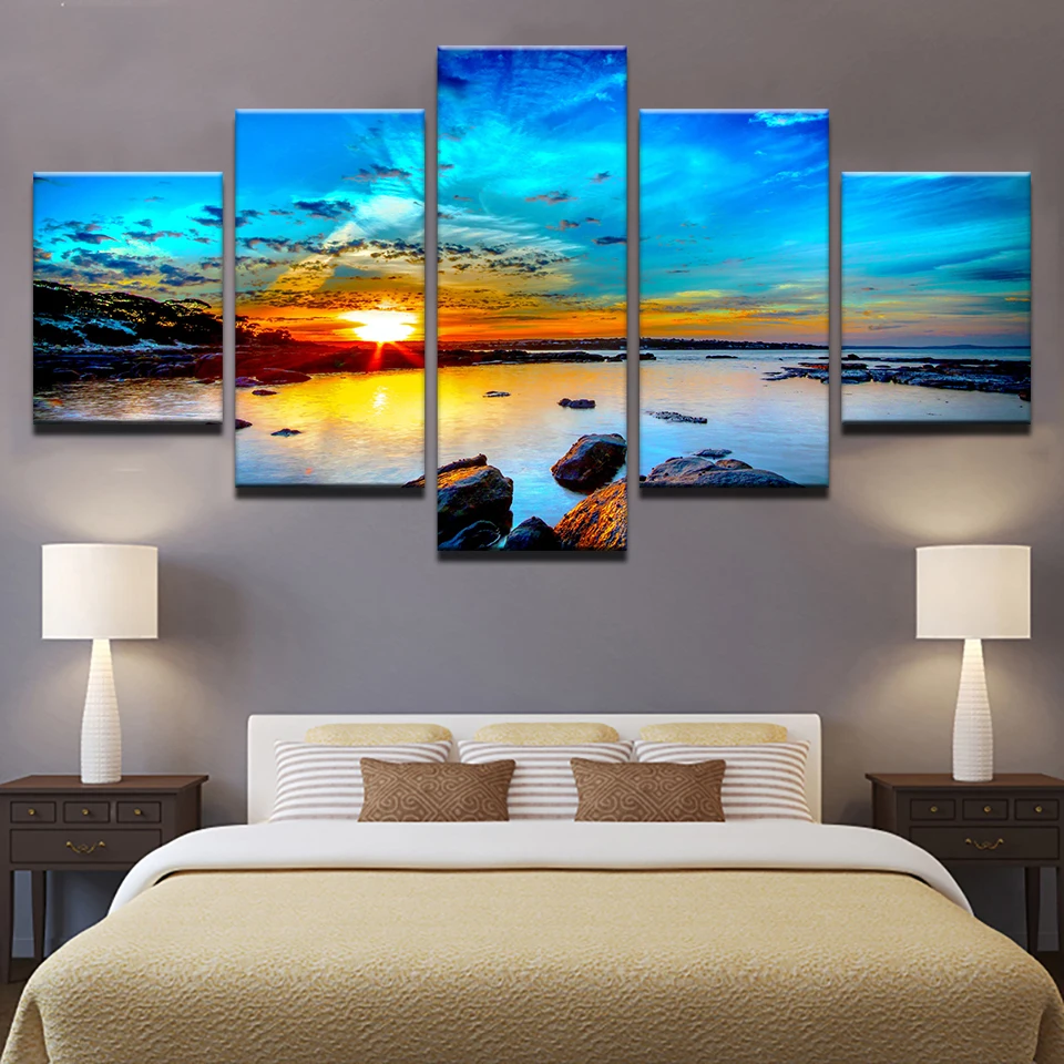 Landscape  Poster Sunrise Seavie 5 Pieces Canvas Art Painting Living Room Wall Picture Bedroom Modular Mural Home Decoration