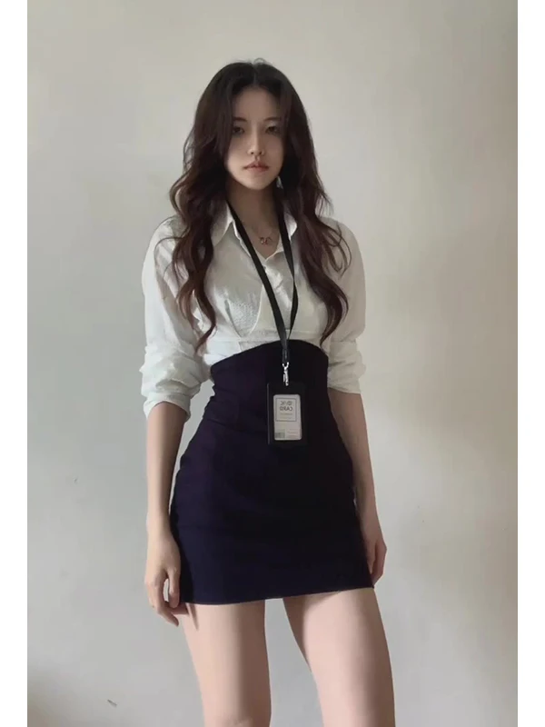 طقم قميص أبيض وتنورة عالية الخصر للنساء، ملابس مكتبية صيفية بأسلوب كلاسيكي، طقم ضيق أنيق