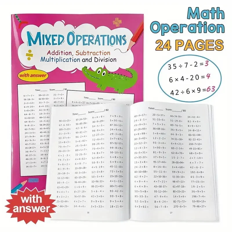 

Math Workbook, Mixed Operations Practice with Addition, Subtraction, Multiplication & Division， Includes Tests & Answers