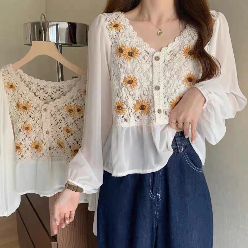 Retro Women Knit Cardigan Exquisite French Embroidered Babydoll Shirt Blouse Top