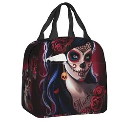 Custom Day Of The Dead Sugar Skull Insulated Lunch Bags for Women Mexican Girl Portable Thermal Cooler Bento Box Camping Travel