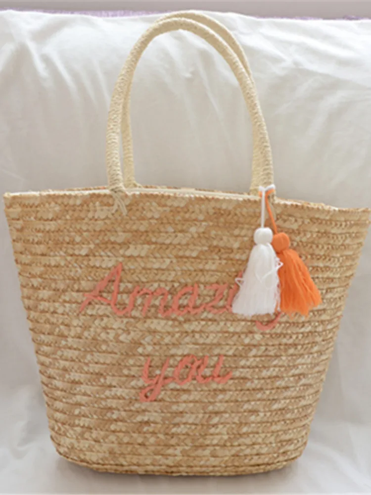 Casual Tassel Straw Bags Rattan Women Handbags Wicker Woven Shoulder Bags Large Capacity Totes Bucket Bag Summer Beach Purses