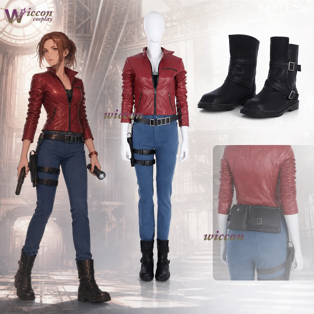 Game RE2 Claire Cosplay-Kostüm Redfield Cosplay-Kostüm Roter Ledermantel Hosen Accessoires Claire Cos Komplettset