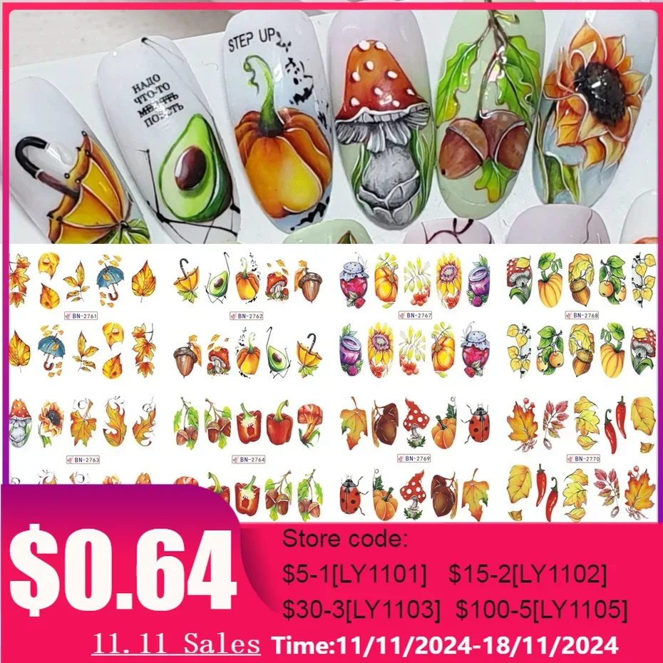 12pcs Autumn Maple Leaf Nail Sticker Pumpkin Fall Nail Decals Mushroom Water Transfer Slider Nail Decoration Foils Accessories