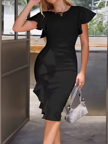 Women's Formal Evening Gown Slim Dress Ruffle Decoration Elegant Mid-Length Dress for Cocktail Parties Banquets